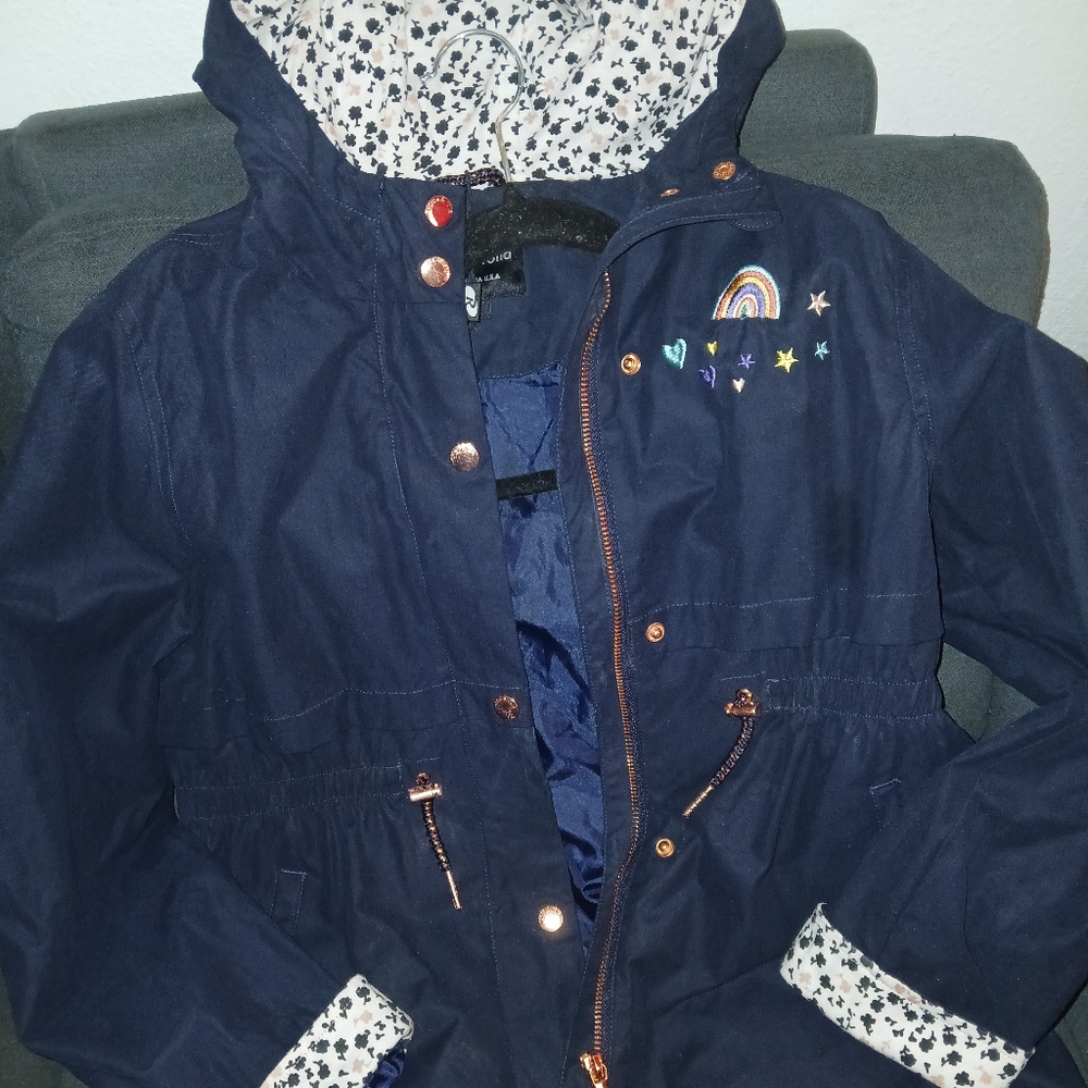 rokka&rolla kids girls size 14/16 XL  Navy Raincoat with Rainbow Accents